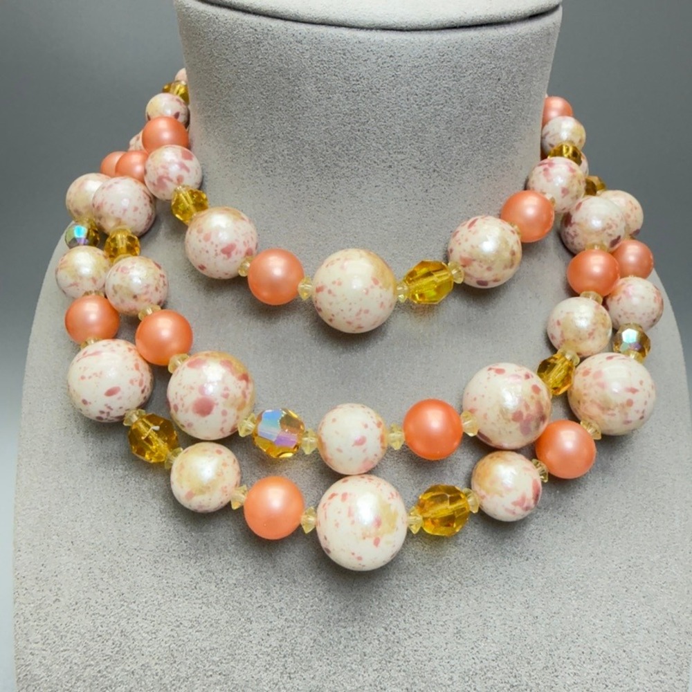 DEAUVILLE Vintage Peach Pink Faux Pearl Bead Necklace 14-16" Multi Strand MCM